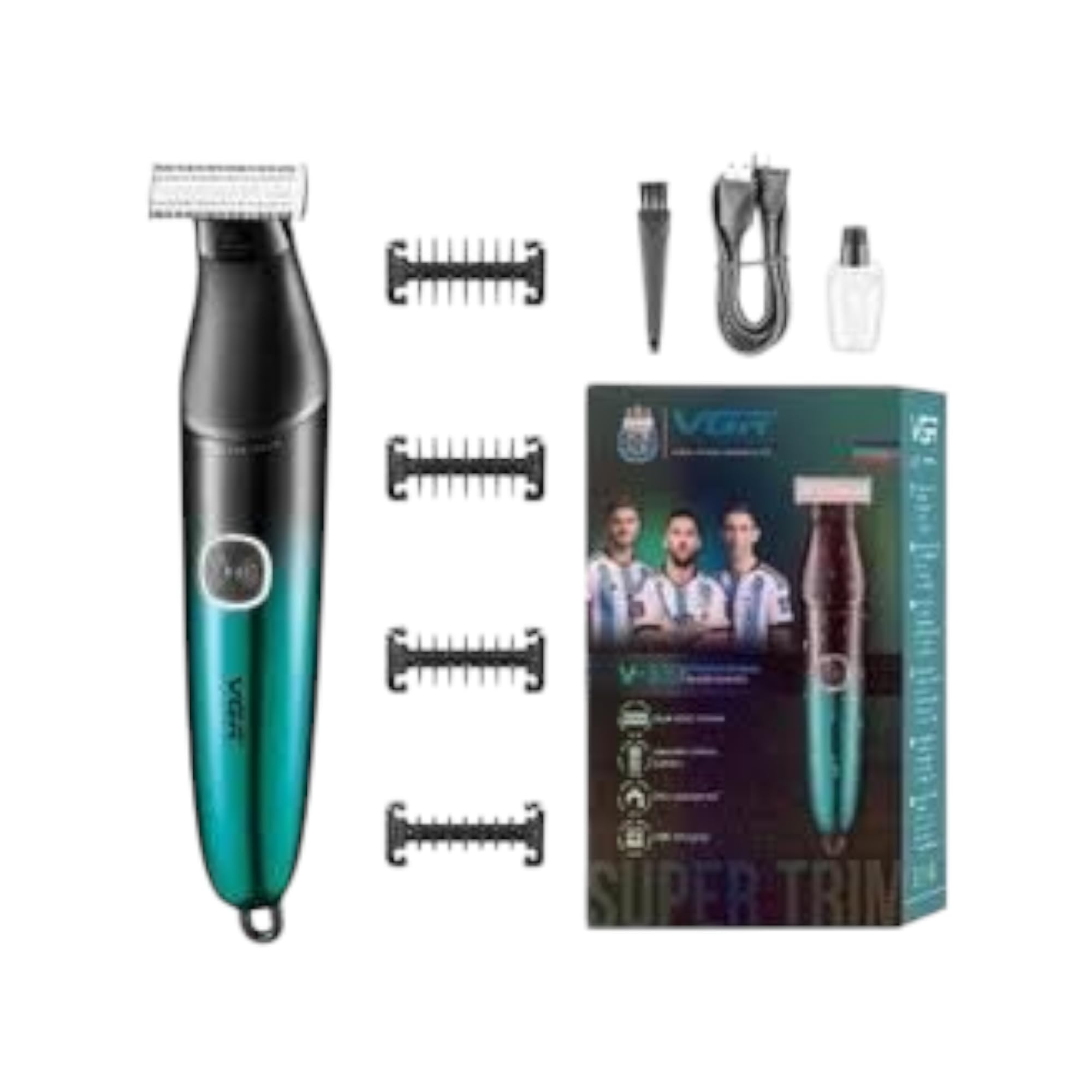 Man using VGR V-339 trimmer with a guide comb, showing different comb lengths available