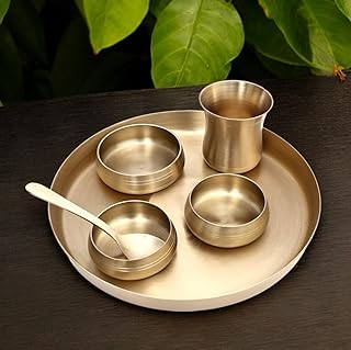 Natriel 6-Piece Kansa Solid Dinner Set|Matte Finish|1 Plate (10.5 Thali),2 Bowls,1 Glass,1 Sweet Dish Plate,1 Spoon|Authentic Indian Dining Collection - Bronze Dinner Set