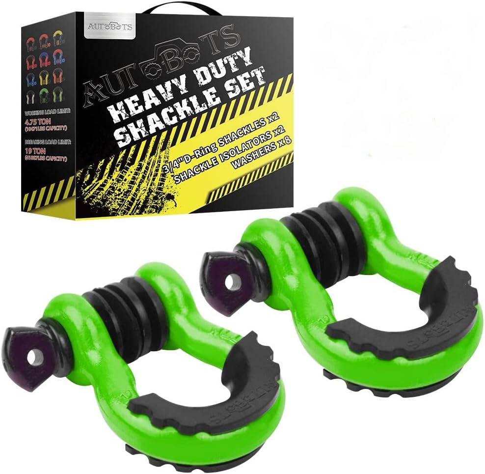 AUTOBOTS Shackles 3/4" (2 Pack), D Ring Shackle 45,000Ib Max Break Strength with 7/8" Pin & Isolator Washers Heavy Duty Clevis Tow Shackle for Tow Strap Jeep Vehicle Off Road Recovery Green-Black