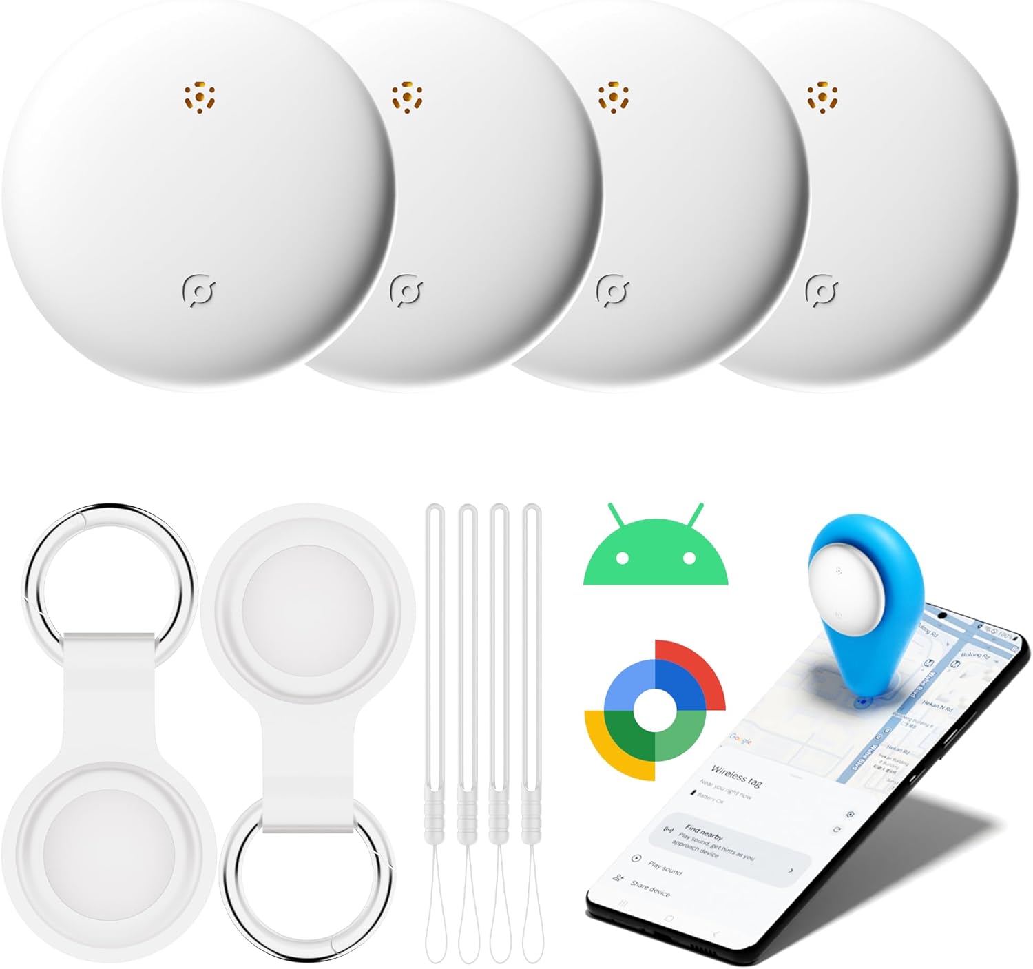 Air Tracker Tags-4 Pack for Android with Case- Bluetooth Tracker Item Finder for Key, Wallet, Pet, Luggage - Works with Google Find Hub, IP66 Waterproof, Smart Tag for Android & Samsung Phones(White)