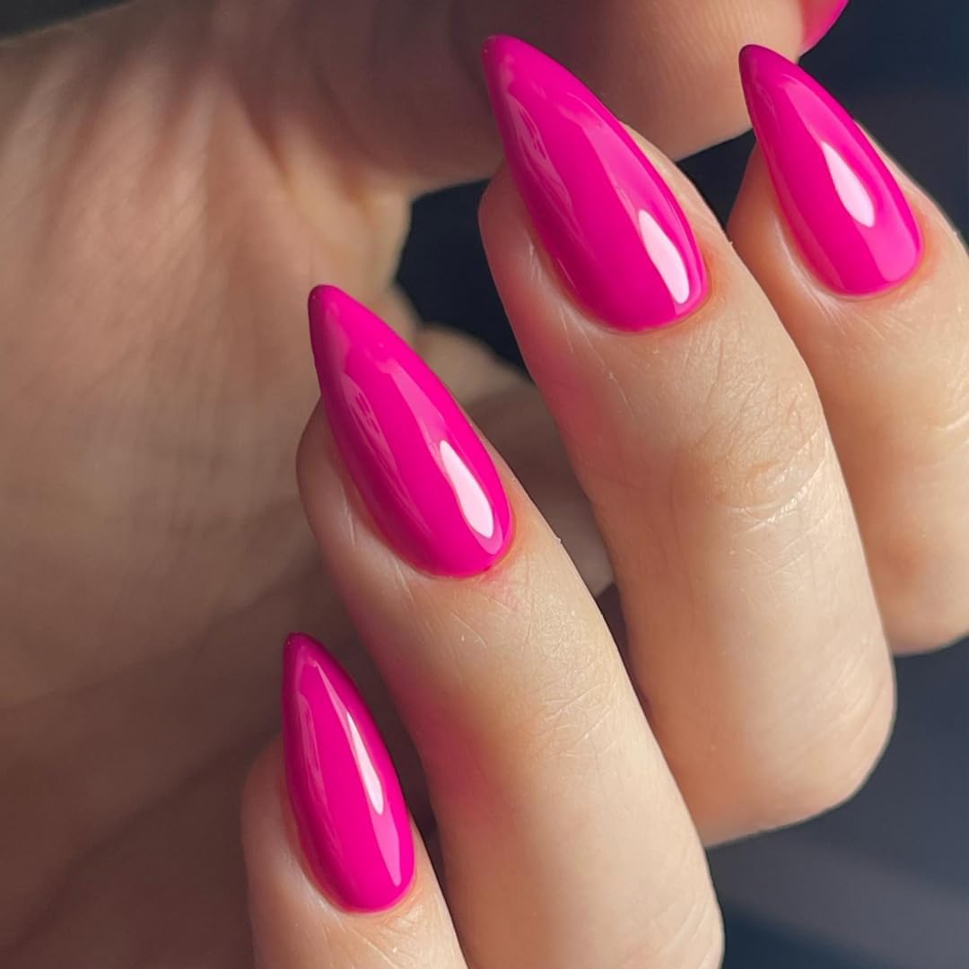 KQueenest Soft Gel Press on Nails Almond Medium, Hot Pink False Nails Almond, Glossy Vibrant Bright Pink Fake Nails Set - Image 2