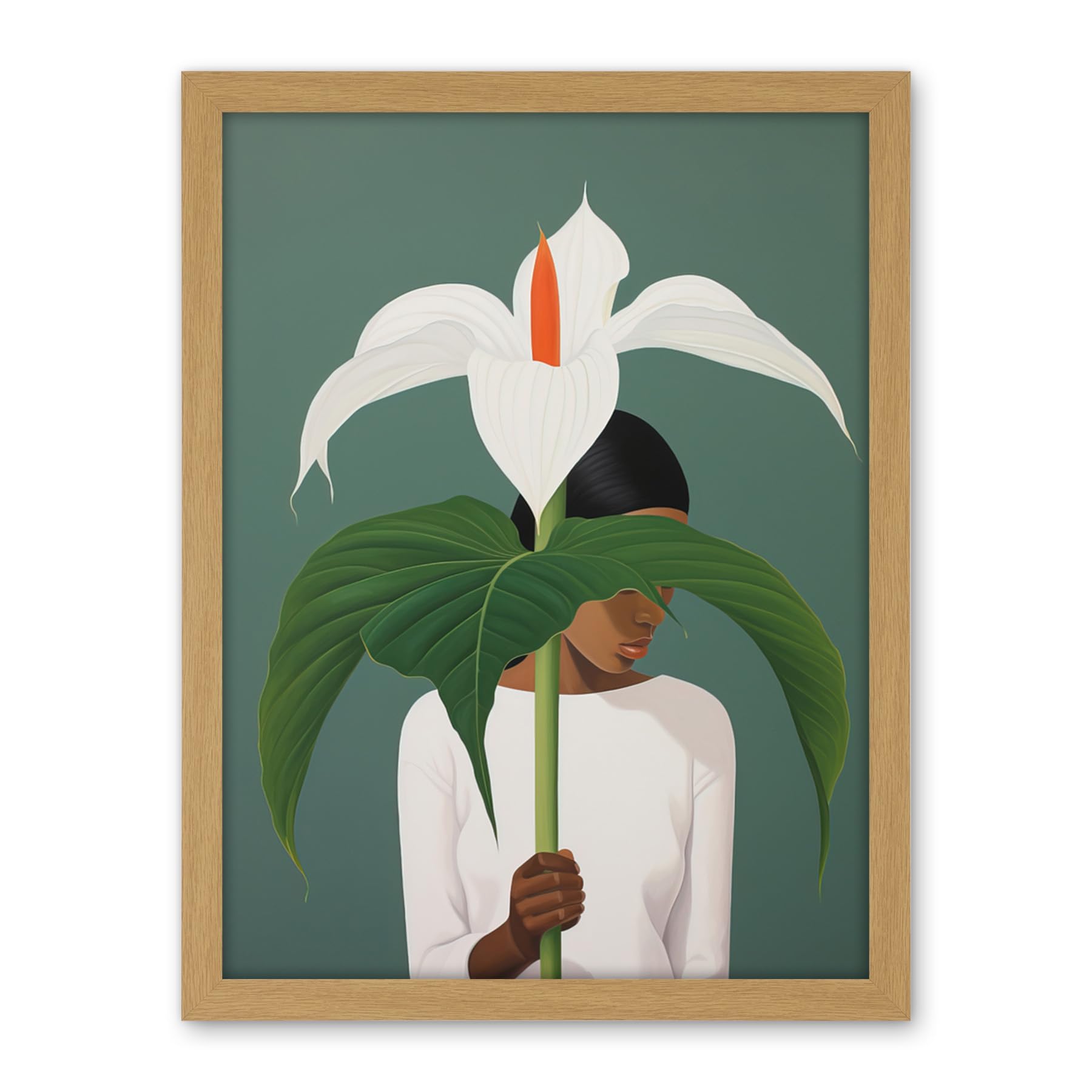 Artery8 Giant Peace Lily Showcase Realistic Oil Painting White Teal Green Woman with Flower Minimalist Artwork Framed Wall Art Print 18X24 Inch