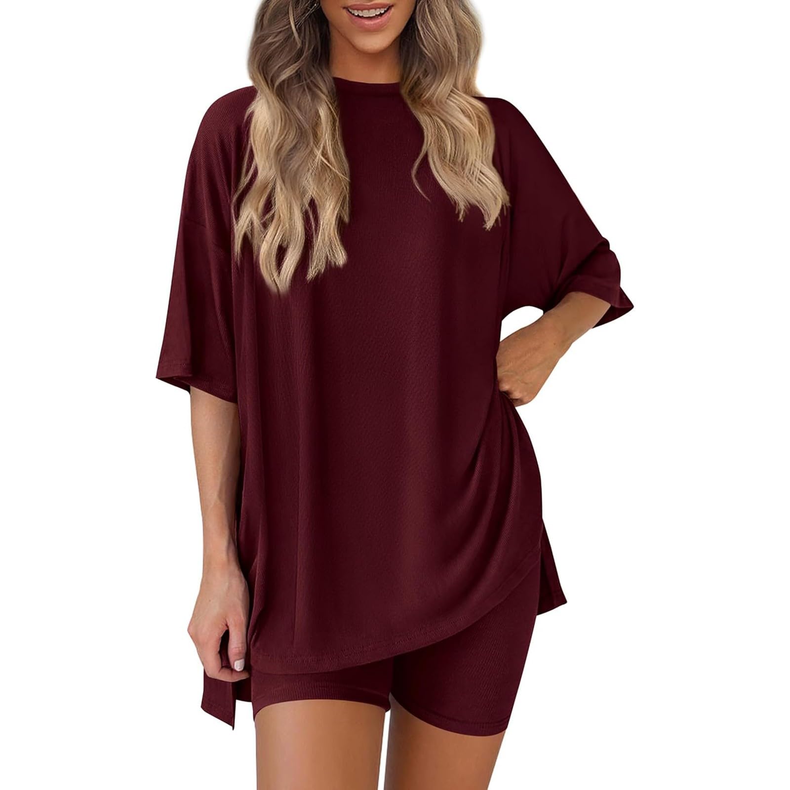 2 Piece Sets for Women Summer 2026 Lounge Short Set Spring Matching Biker Shorts Crew Neck Oversized Shirt