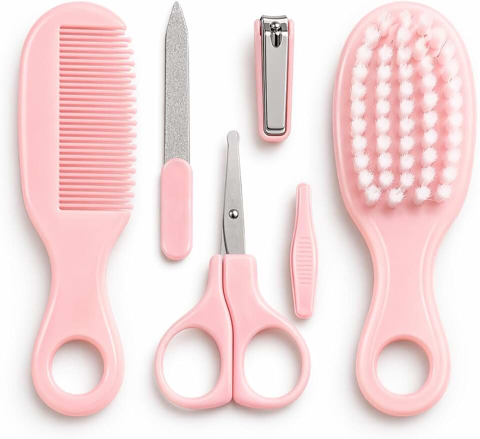 Conjunto Cuidados de Higiene para Bebê com 6 Peças – Escova, Pente, Tesoura, Cortador de Unhas, Lixa e Pinça – Kit Higiene Infantil para Recém-Nascido e Bebê
