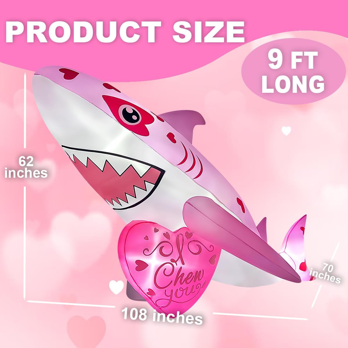 9FT Long Giant Inflatables Pink Shark with I Chew You Heart Decorations Built-in LED Lighted Blow Up Decoration Home Yard Outdoor Indoor Garden Lawn Decor