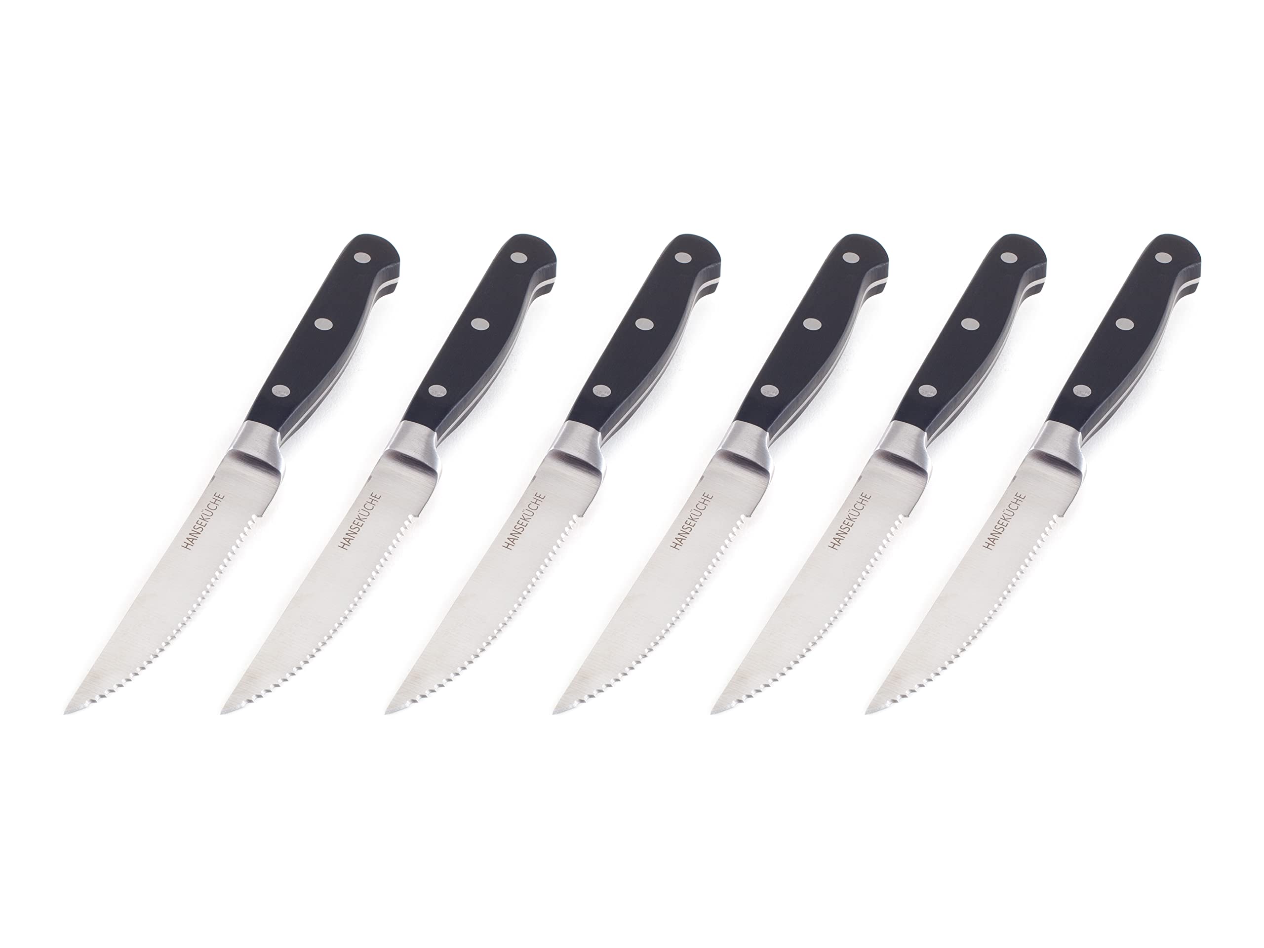 Hanseküche Set di Coltelli da Bistecca – 6x Coltelli da Bistecca di Alta Qualità con Manico in Legno – Elegante Set di Posate in Acciaio Speciale Inossidabile con Lama Seghettata e Confezione Regalo