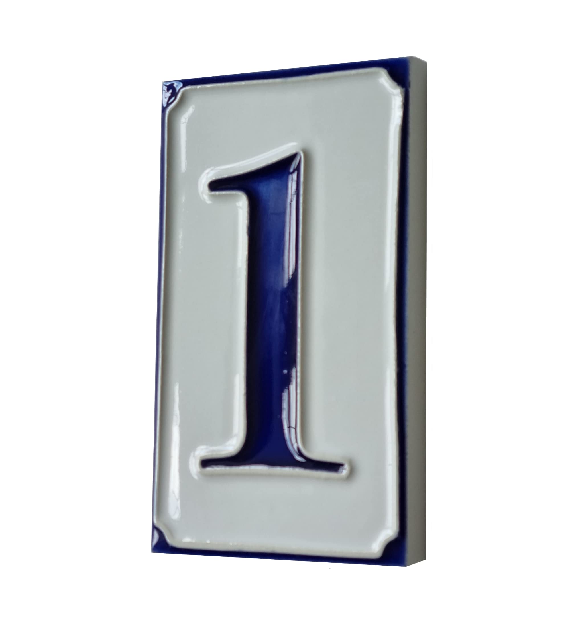 House Numbers Simple Blue & White Hand-painted Italian Ceramic Numbers & Letter Tiles 11cm x 7cm (Number 1)