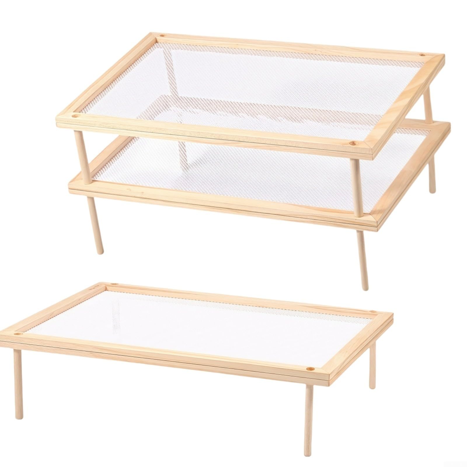 Stapelbares zweilagiges Abtropfgestell aus Holz für Kräuter, Nudeln und Blumen, vielseitige Aufbewahrungslösung für die Küche, mit Netznetz, 39 x 24,5 x 8,5 cm, ideal zum Trocknen von Lebensmitteln