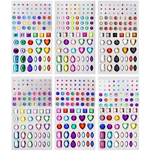 YOUYIKE® 6 Sheets 486pcs Self-adhesive Rhinestone Stickers Stick-on Crystal Gem Sheets for DIY Crafts Decoration, Assorted Colors, Square, Round and Heart Shaped Cover
