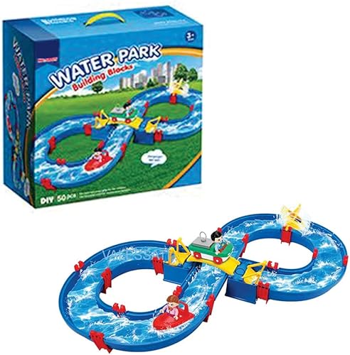 Parque acuático para niños, 50 piezas, bloques de construcción de juguetes en la mesa, playa, piscina, césped, patio trasero con 2 barcos, puente y