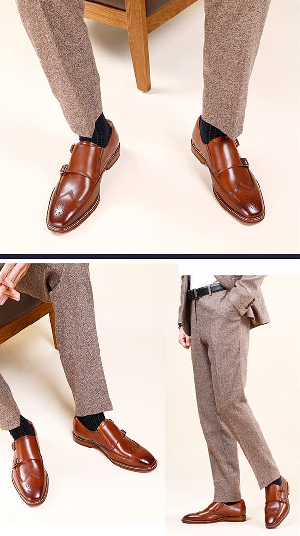 Brogue Scarpe da Uomo in Pelle Elegante Double Monk Strap con Fibbia Casuale Scarpe da Sera Mocassini Nero Marrone