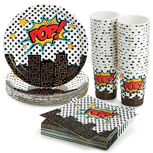 BLUE PANDA Serves 36 Superhero-Themed Party Supplies, Comic Book Plates, Napkins, and Cups for Birthday Decorations (108 Pieces)
