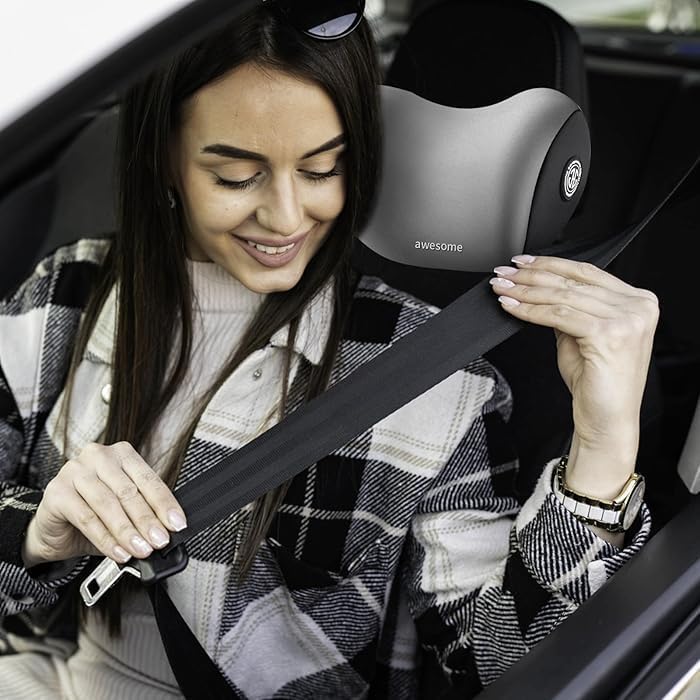Image of New Car Neck Pillow Car Seat Back Head Rest Memory Foam Pillow for Driving with Adjustable Strap Removable Breathable Cover Neck Pain Relief for Long Drive (Pack of 1) (Grey)
