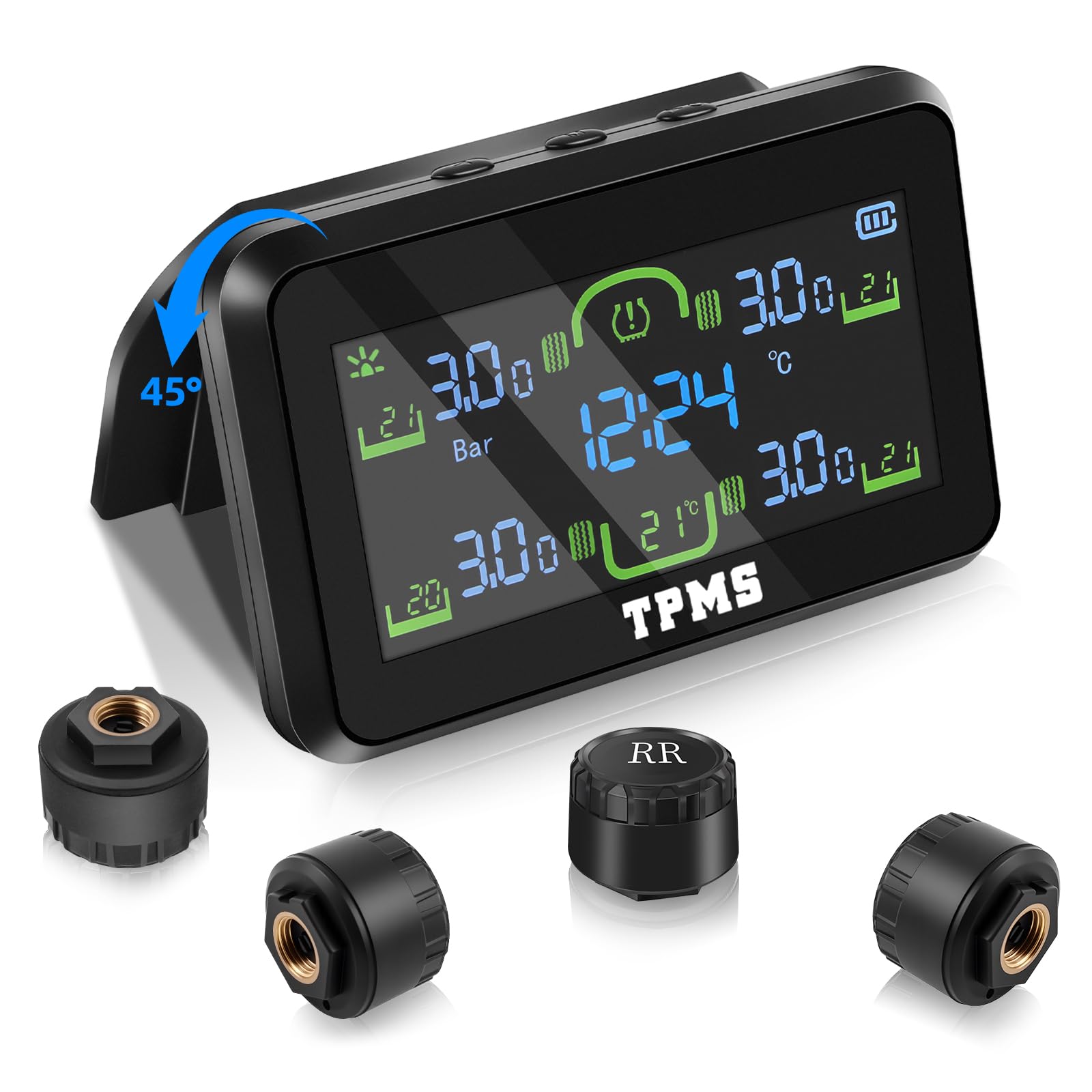 Sistema Sensori di Monitoraggio della Pressione con Indicatore dell'Ora | TPMS Auto con Ricarica Solare/USB, Sistema Sensori di Monitoraggio della Pressione degli Pneumatici con 4 Sensori Esterni