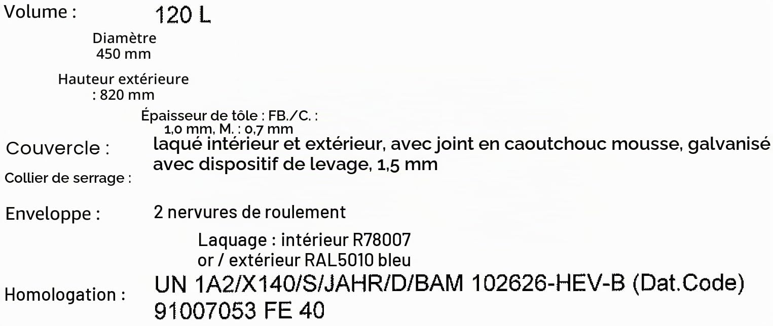 Plasteo® Hobbock - Fût et couvercle en acier - Aspiration cyclonique - Tôle métallique - Homologation ONU - Fabriqué en Allemagne (120 litres)