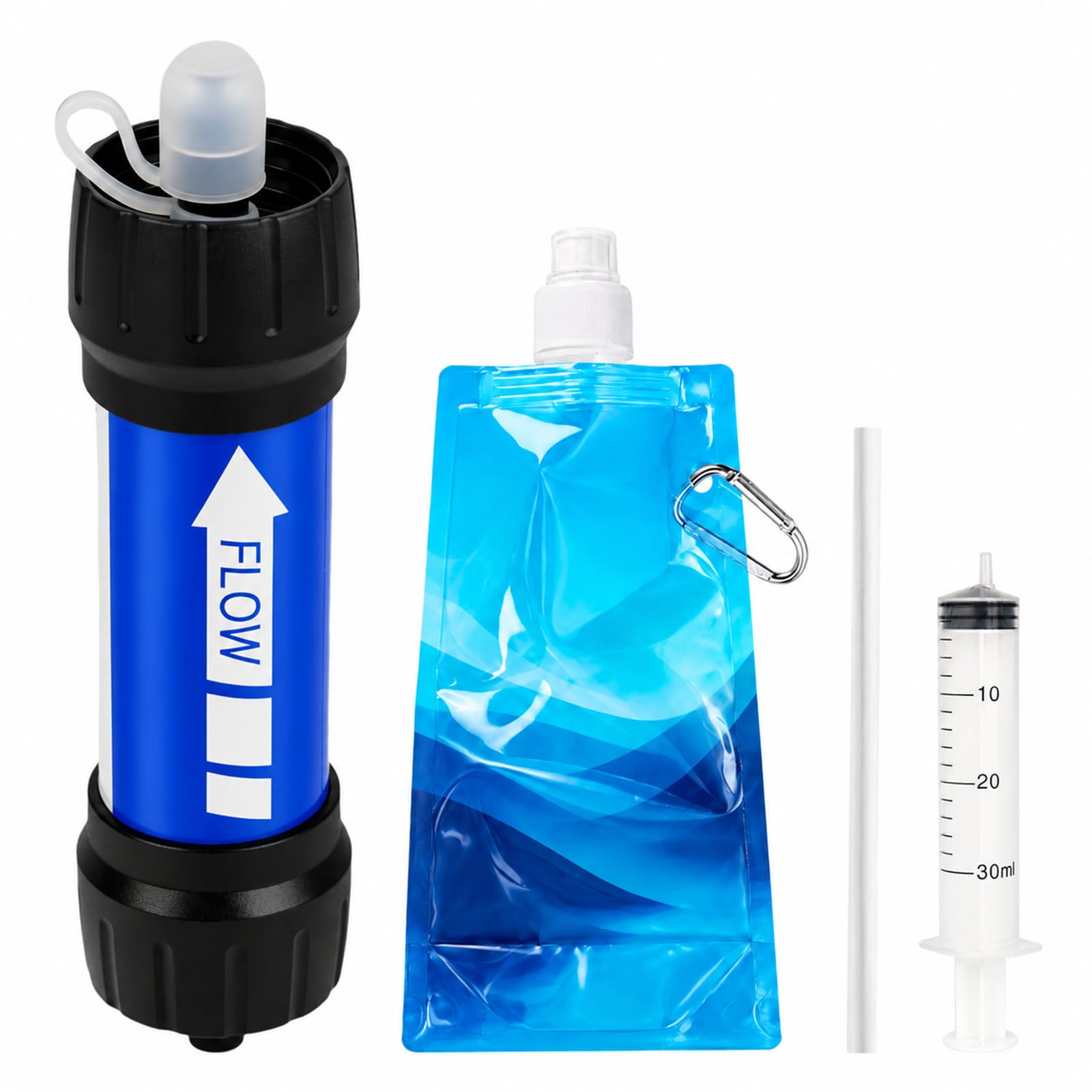 YYTECH Water Filter Straw 0.01 Micron Personal Survival Filtration for Hiking, Camping, Travel, Outdoors & Emergency Use - Includes Water Filters, Water pouch, Injector, Straw & Carabiners
