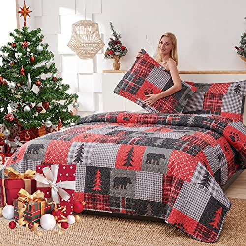 Jarson 3-Piece Lodge Bedspreads Full/Queen Size Moose Bear Quilt Set Reversible Cabin Rustic Coverlet Bedding Set For All Season（Red, 1 Quilt + 2 Pillow Shams） #TOP4