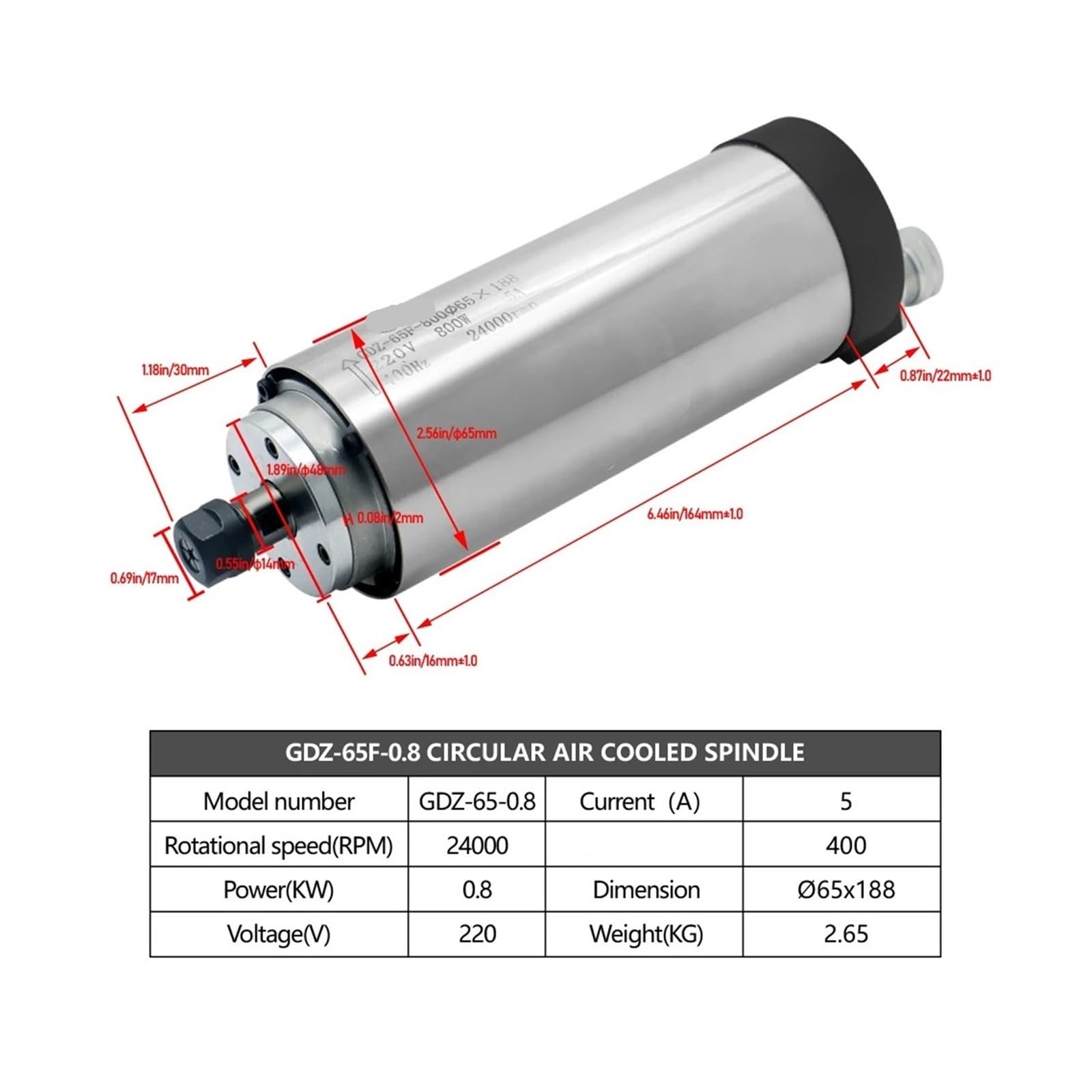 KACOME 220v 800w air-Cooled Spindle Motor 24000rpm 400Hz ER11 Woodworking Spindle 0.8kw 400Hz Water-Cooled 65x188mm 4 Bearings