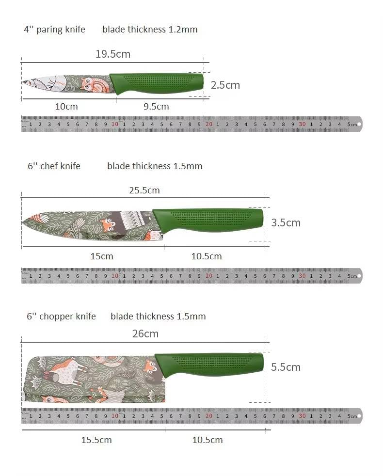 Image of La' Forte 3 Pcs Kitchen Knife Set with Protective Covers | Chef Knife, Utility Knife & Paring Knife | Printed Stainless Steel Blades with Ergonomic Grip | Cutting, Chopping & Slicing (Green)