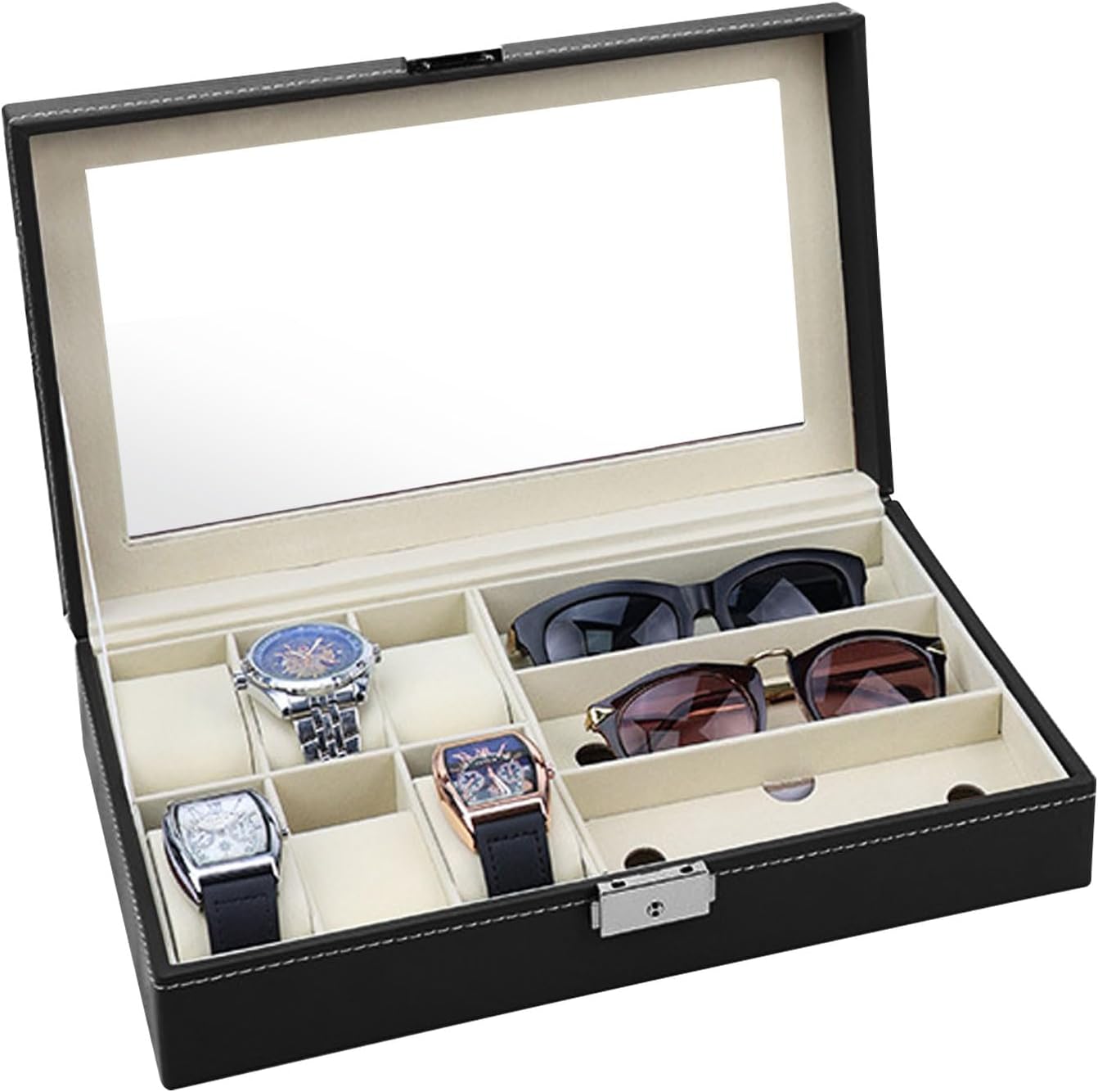 Travel Watch Case, Leather Sunglasses Eyewear Storage Organizer Glasses Holder, Jewelry Box for Watch Band Sunglasses Display Black