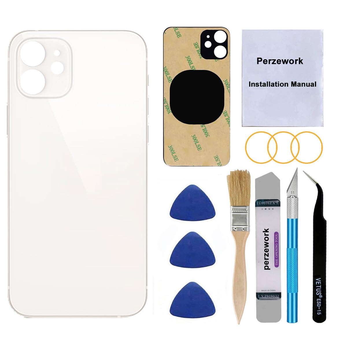 Perzework OEM Rear Back Glass Replacement for iPhone 12 6.1 inches with Reparing Toolkit and Pre-Installed Adhesive (White)