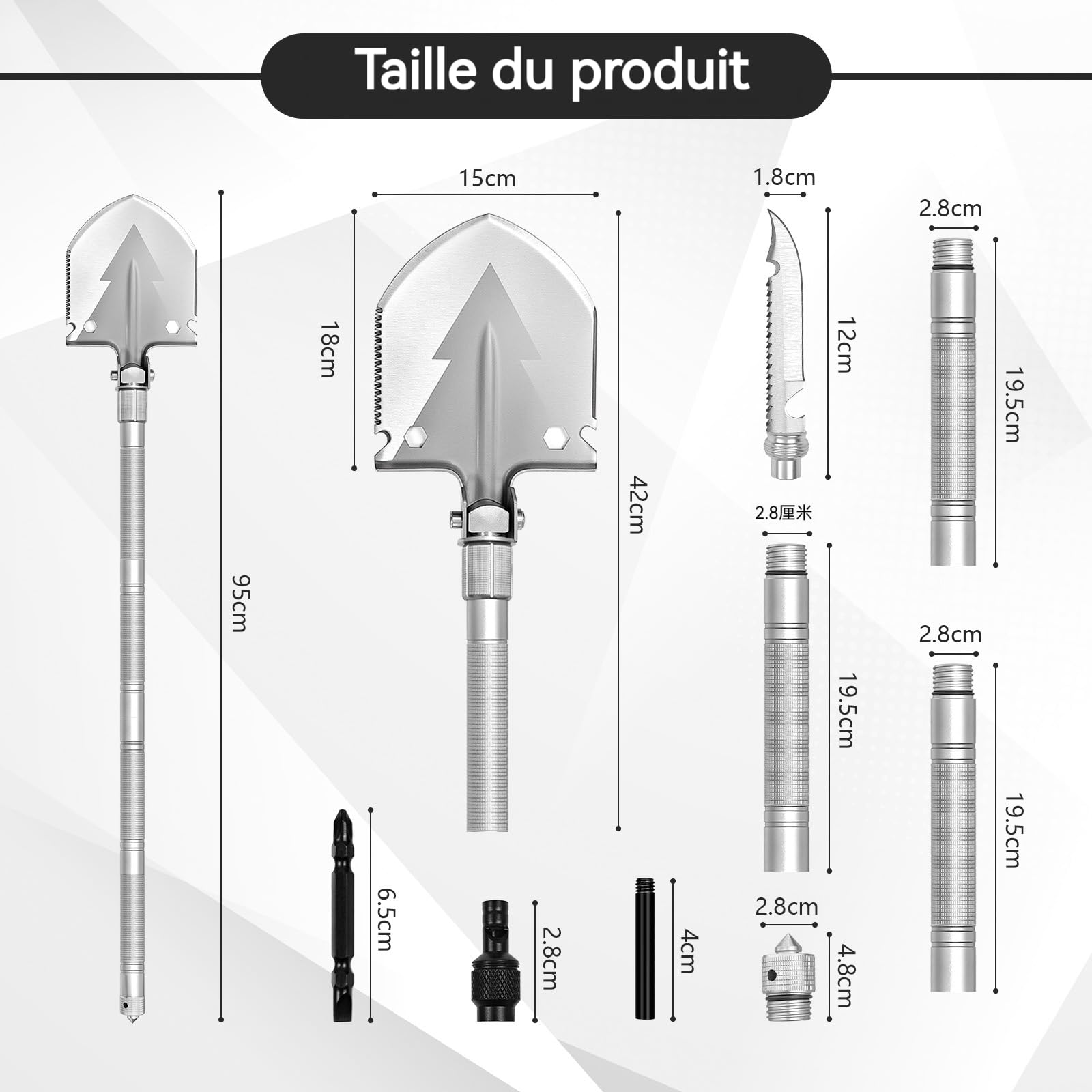 Pelle Pliante en Acier Carbone Haute résistance, Pelle de Survie Polyvalente, Pliable à 180 degrés pour Le Camping, Le Jardinage, la Plage, Le pelletage et Le déneigement (détachable)