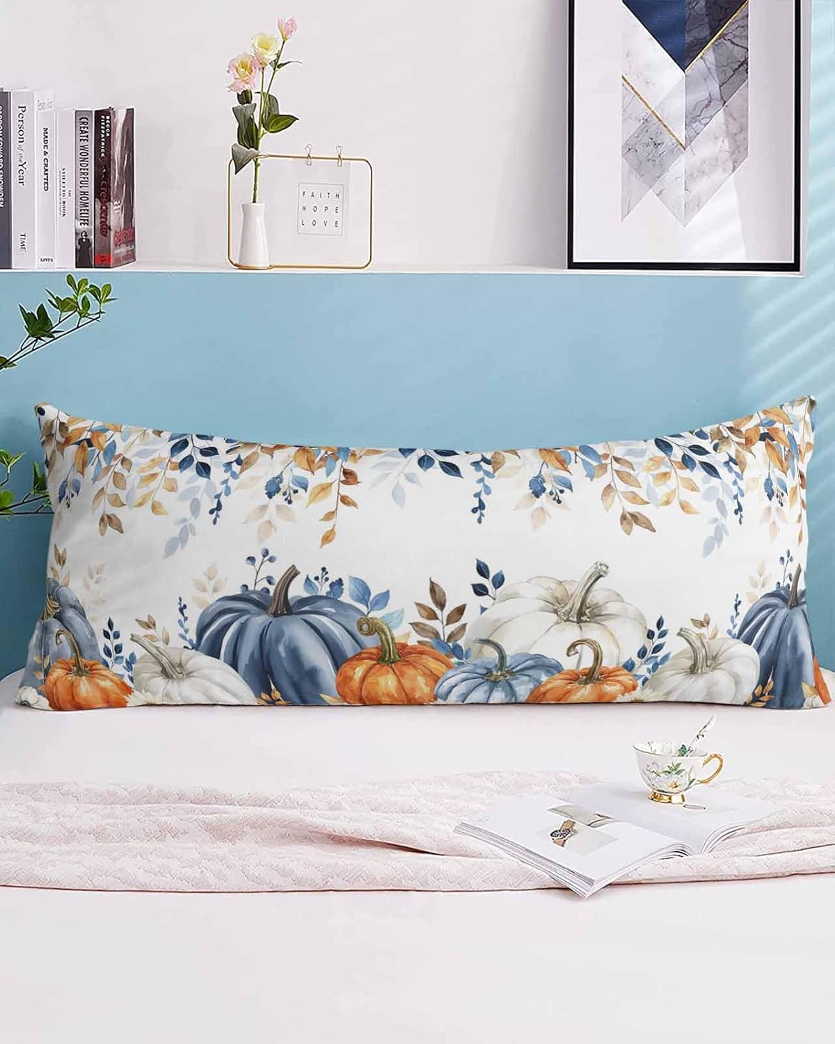DecorLovee Fall Blue Pumpkins Body Pillow Case Cover, Orange Botanical Microfiber Bed Throw Pillow Covers, Thanksgiving Decorative Lumbar Pillow Cover with Envelope Closure for Sofa/Travel 20x54Inch