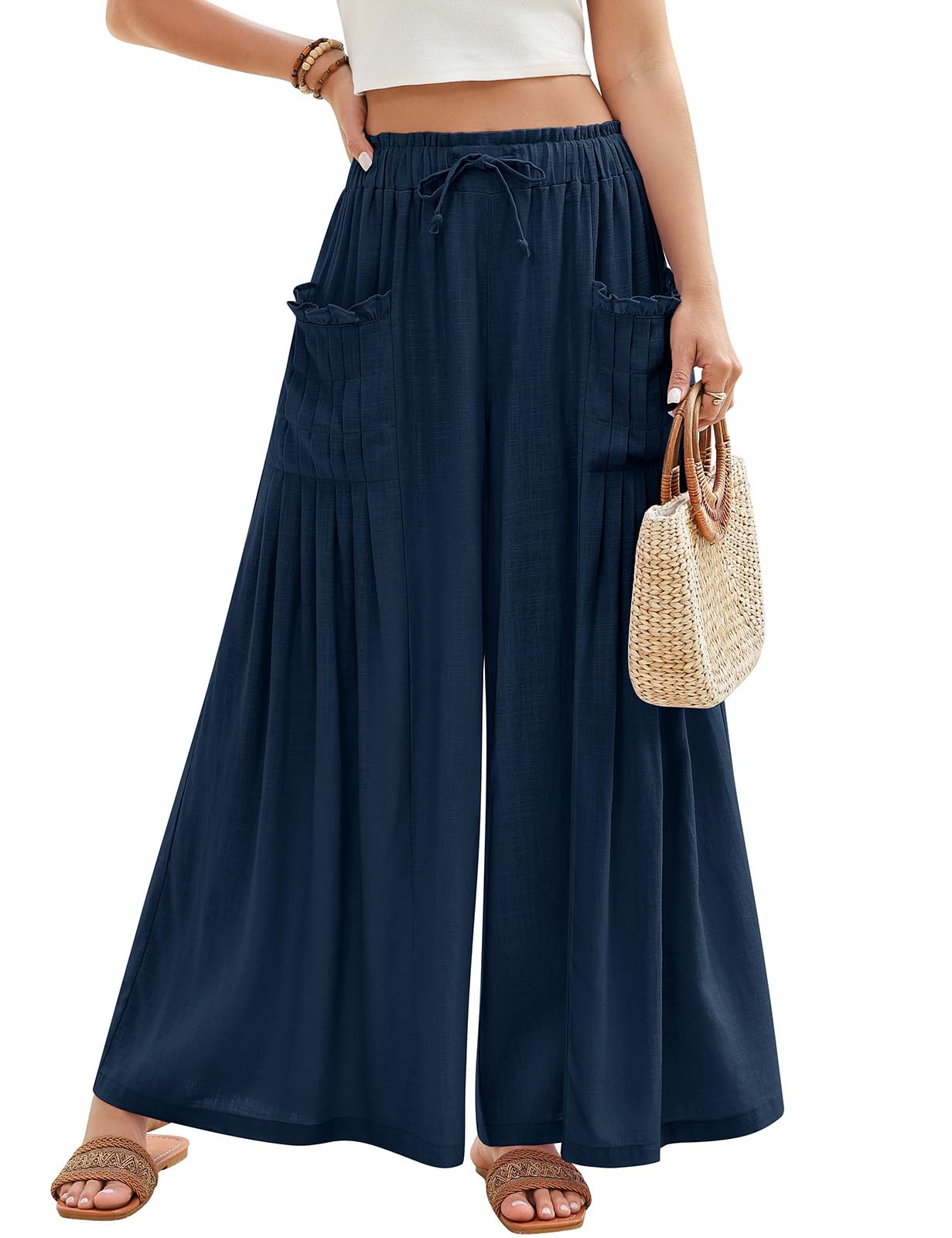 Pantalon Femme Fluide Été Pantalons Lin à Jambes Larges Taille Haute Elastique Chic et Elegant Pantacourt Ample avec Cordon de Serrage Longueur Pants avec Plissé Poches