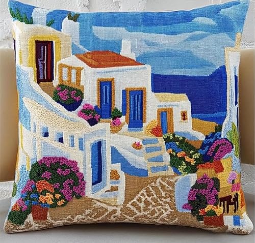 FanZheZhe DIY Embroidery Cushion Pillow Case Seaside Church Scenery Needlepoint Craft Set Cushion Kit Cross Stitch Cushion Cover Kit Stitched Cushion Kit,18x18in