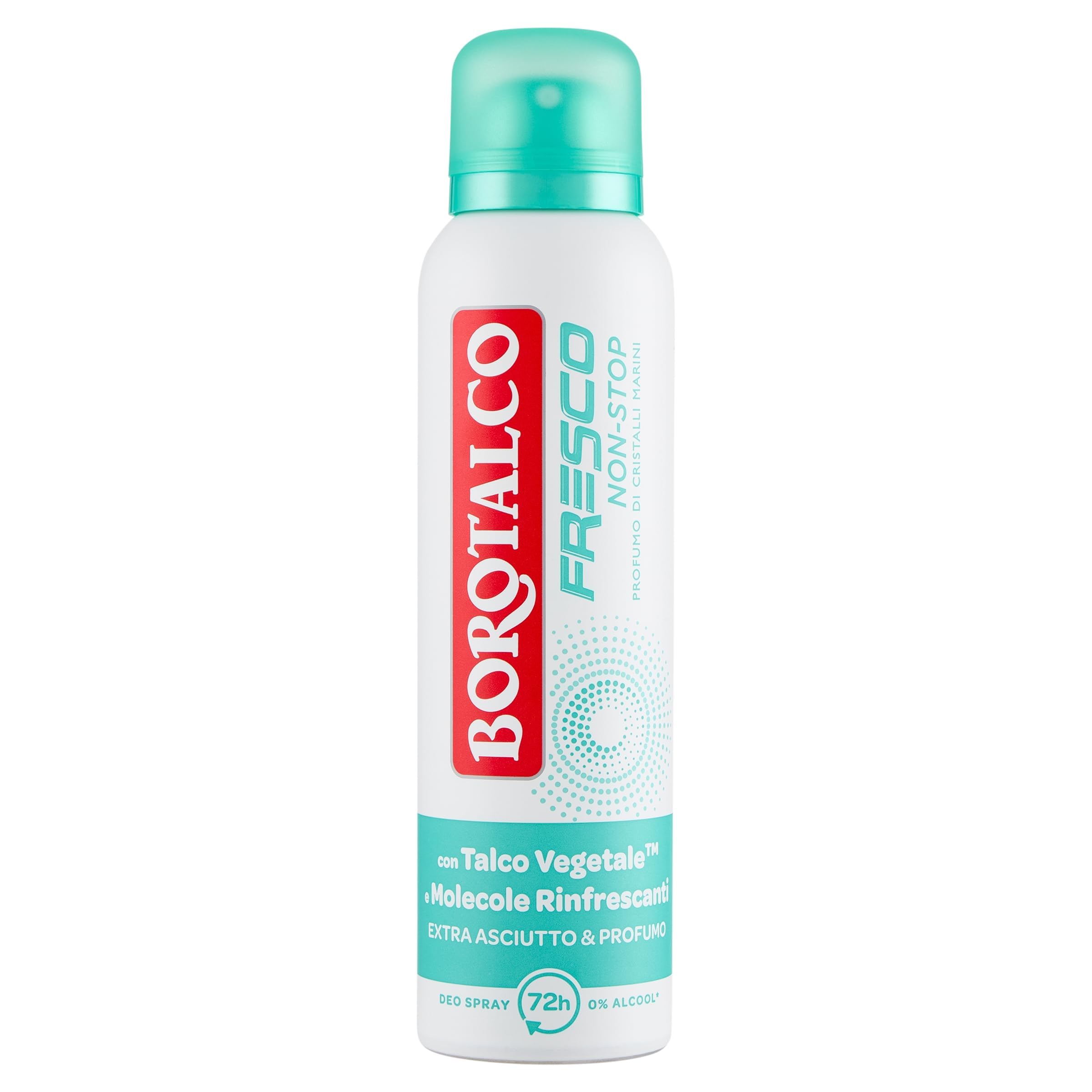 Borotalco, Deodorante Spray Fresco No Stop Cristalli Marini, con Talco Vegetale e Molecole Rinfrescanti, Formula Fresca con Microcapsule Rinfrescanti, Efficacia Deodorante 72h, 0% Alcool, 150 ml
