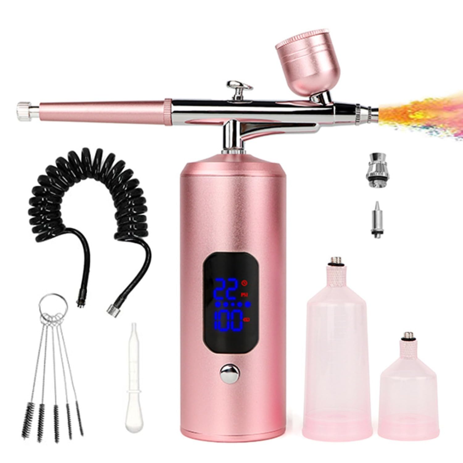 Rechargeable Airbrush Kit With Compressor, 22-38PSI Handheld Non-Clogging High-Pressure Cordless Airbrush Gun Set for Nail Art, Makeup, Painting, Cake Decor (Pink)