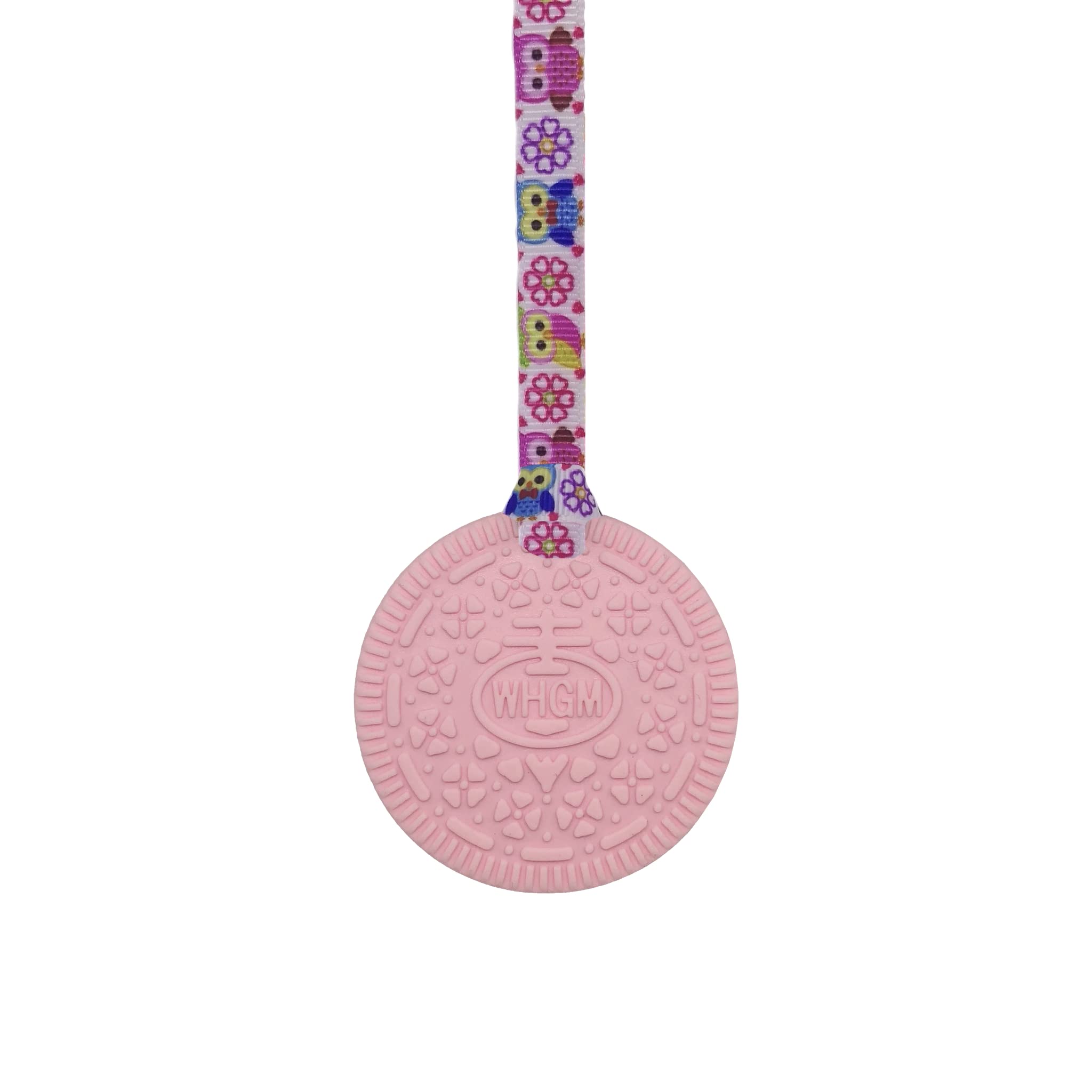 Sensory Oojamabobs - Biscuit pendant chew necklace - Autism - Light pink & white with lanyard (8 designs available!) (54cm, Owls) — image 1