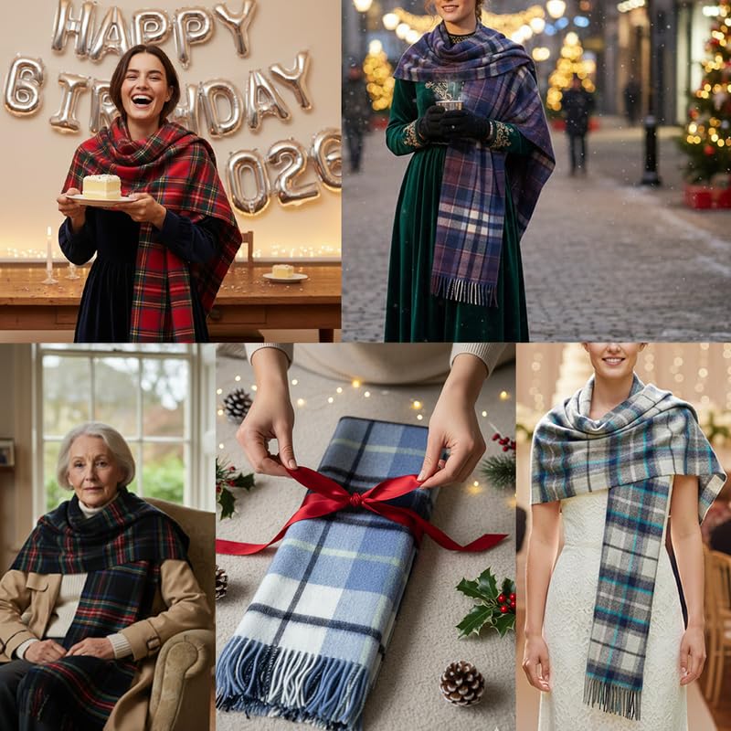 Étole écossaise en tartan 100% pure laine d'agneau pour femme - Châle doux et non irritant - Accessoire et cadeau authentique d'Écosse pour l'hiver, idéal en toute saison