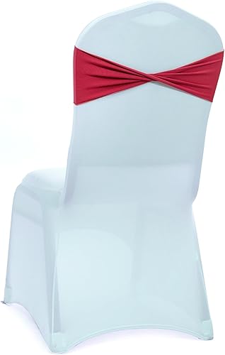 Vista 125 de MDS - Paquete de 25 bandas elásticas de elastano para silla sin hebilla, para decoración de bodas y eventos, color berenjena Berenjena,Azul