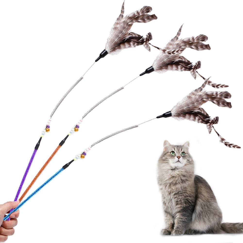Feather Teaser Cat Toys 3 Pack, Cat Feather Toy with Spring Bells Beads, Interactive Catcher Teaser and Funny Exercise for Kitten Cats