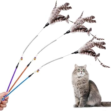 MAIYU 3 Pack Feather Teaser Cat Toys, Cat Feather Toy with Spring Bells Beads, Interactive Catcher Teaser and Funny Exercise for Kitten Cats