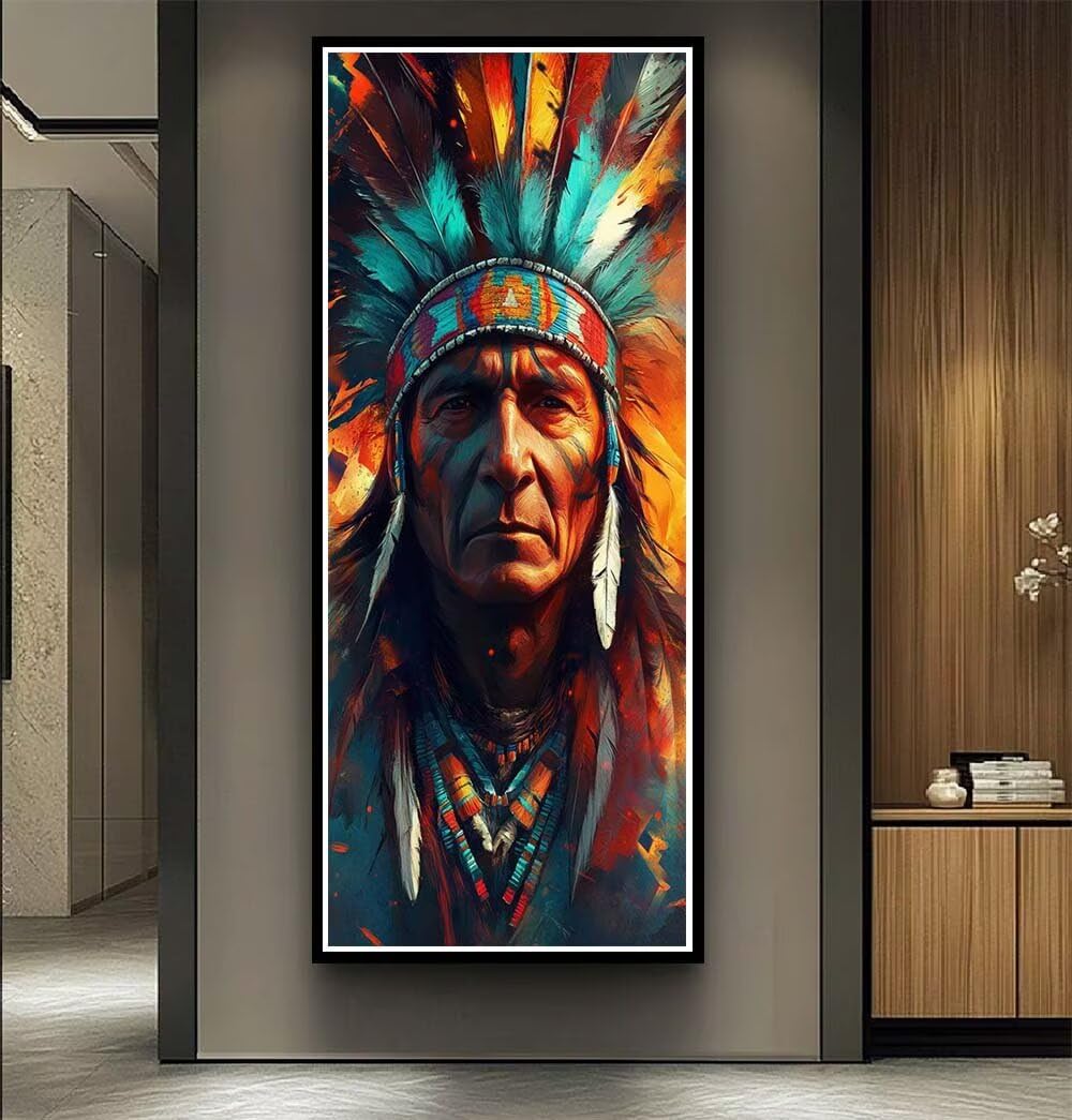 Diamond Art Painting Kits for Adults 60x150cm, 5D Large Diamond Painting Indian Elder Full Round Drill Gem Art Native American Crystal Cross Stitch Paint by Numbers for Home Wall Decor -LR1017