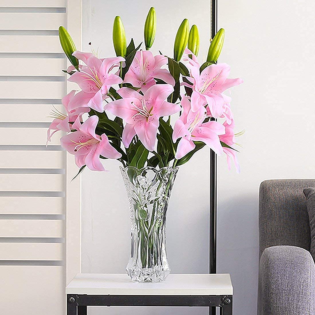 ZEACCT Artificial Flowers 5pcs Artificial Lillies with 6 Buds Plants Flowers Arts Latex Full Flowering Real Touch Flowers for Home Decoration Wedding Parties Offices