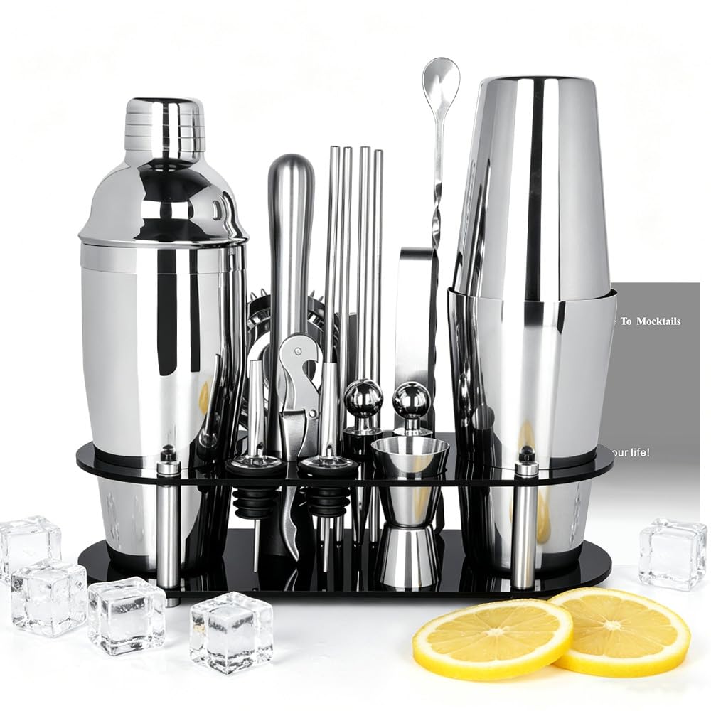 Juego de 17 coctelera de 750 ml y 750/600 ml, herramientas de bar con libro de recetas y soporte negro