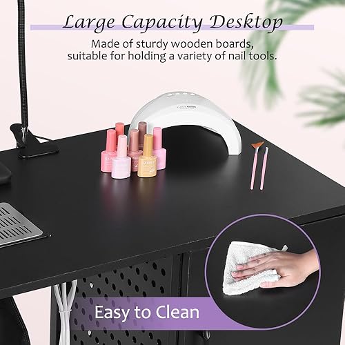 Miniatura 5 de Escritorio de uñas para Nail Tech Mesa de manicura con estación de carga colector de polvo, mesa de tecnología de uñas con 4 cajones de