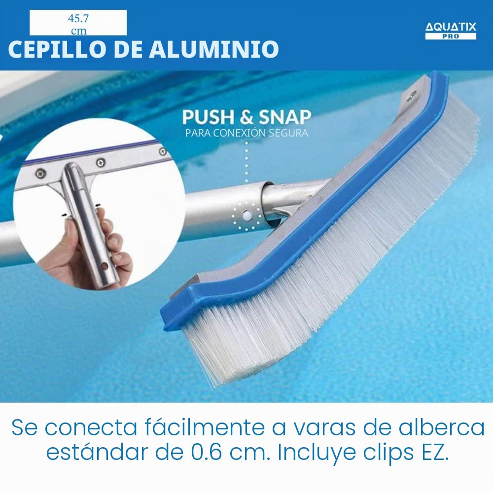 Cabezal de cepillo para piscina Premium, 45 cm, aluminio, cepillo de limpieza por Aquatix Pro con Clips EZ, para paredes, azulejos y suelos, diseño elegante y cerdas resistentes