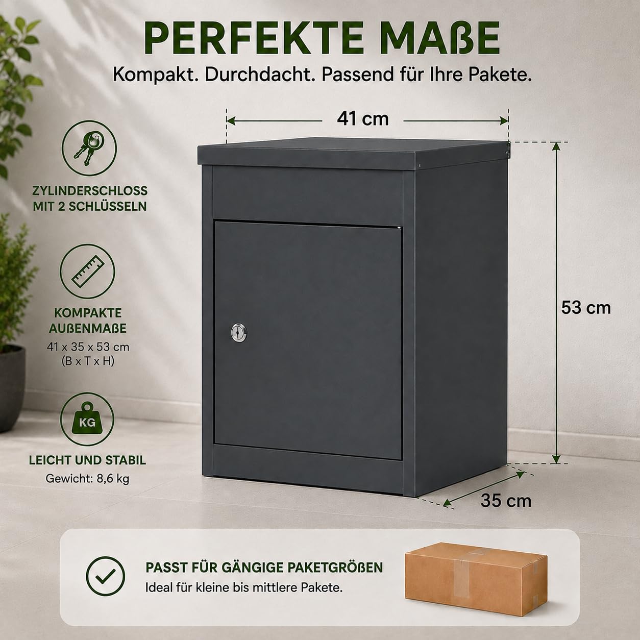Paketbriefkasten groß – Abschließbarer Briefkasten für Pakete & Post, wetterfest aus Metall, mit 2 Schlüsseln, 41 × 35 × 53 cm – Anthrazit