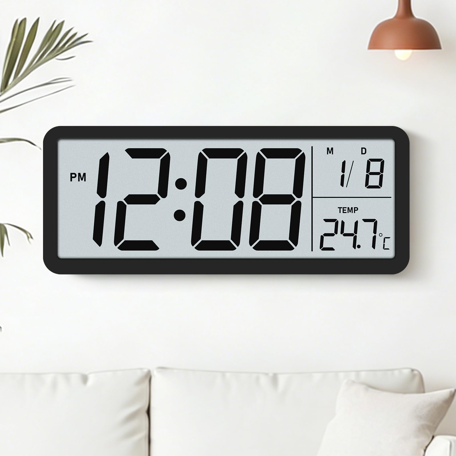 Reloj de pared digital grande: moderno reloj de pared con indicador de temperatura, funciona con pilas, retroiluminado, 12/24 horas, relojes de pared digitales de 25 cm para salón, habitación