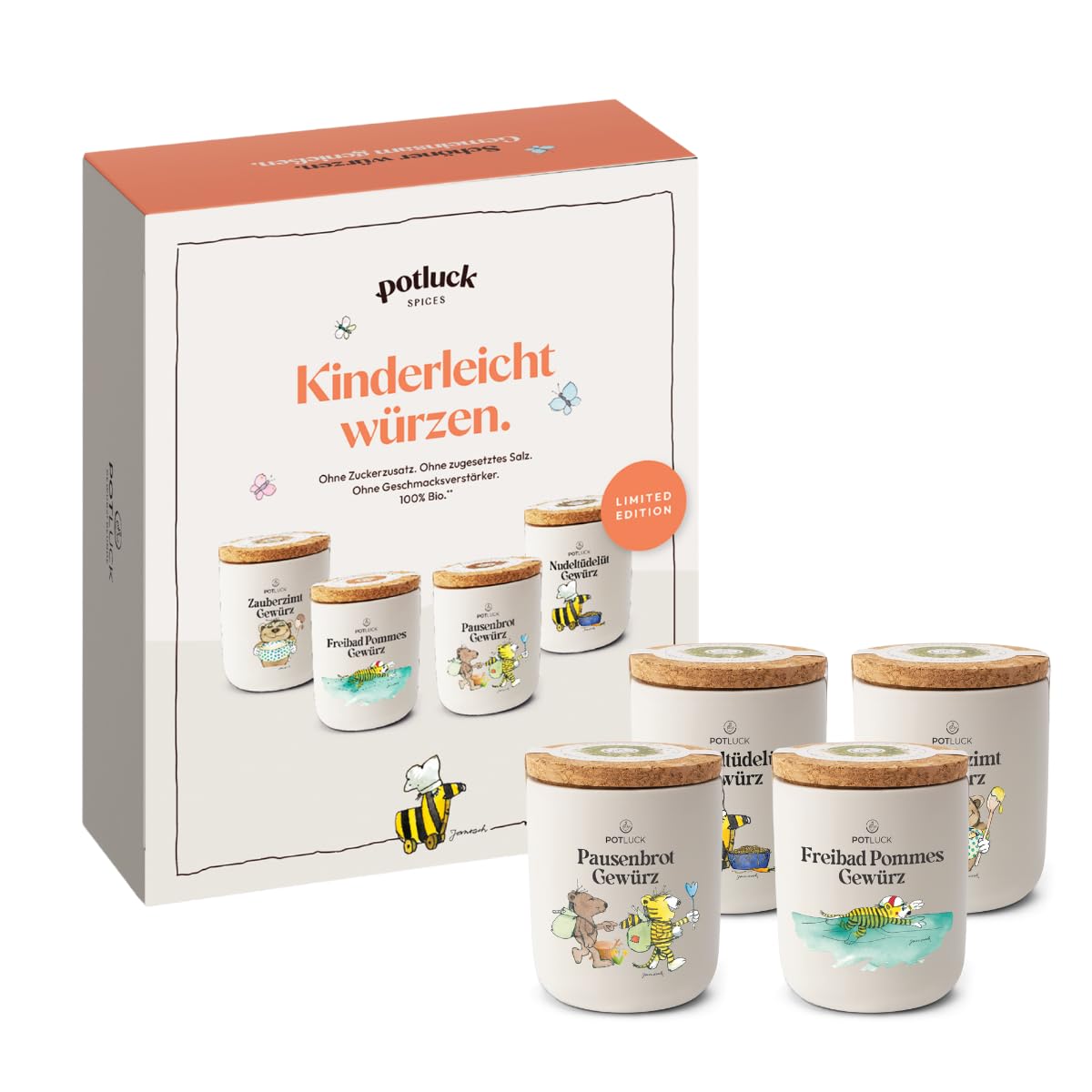 Potluck | 4er Janosch BIO Kindergewürze | Special Janosch Edition in Geschenkbox | 4 wiederverwendbare Keramiktöpfe | Kinderleicht würzen