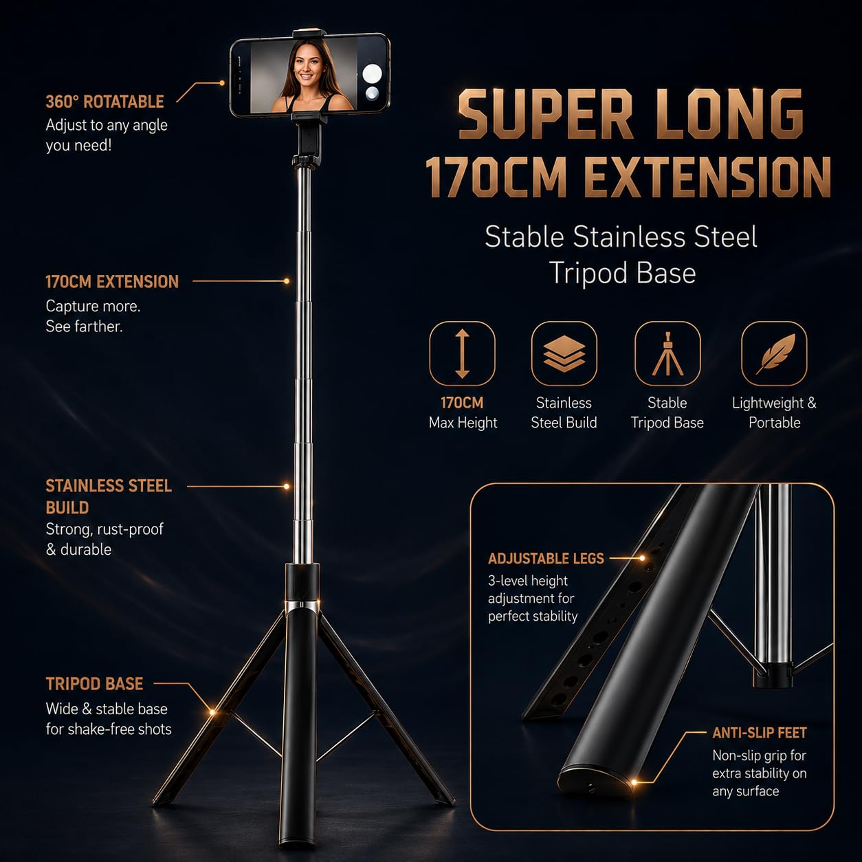 Selfie Stick Tripod 67 Inch Long with Bluetooth Remote & Stable Base – 3-in-1 Multifunctional Design for Selfies, Vlogging, Photo Shoots and Makeup for Phones — Amazon image 2