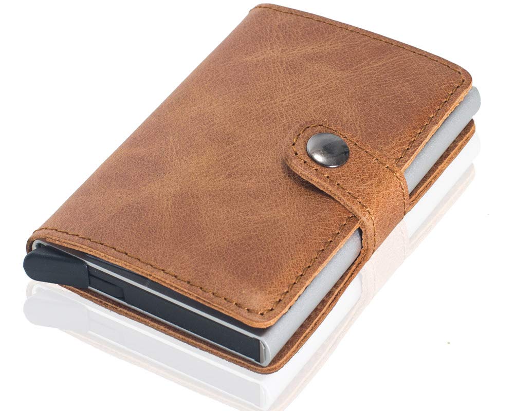 VM FASHION KISSOriginal men/women Credit Card Holder RFID Smart wallet Vintage Leather Aluminum Business Wallets (Light brown)