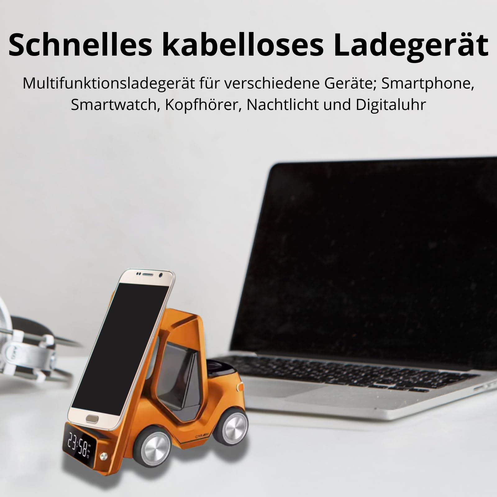 Kabellose Ladestation, kabelloses Laden, Android, Handy, Uhr, Kopfhörer, Multifunktionsuhr, Alarm, Licht, Halterung, Digitalanzeige, automatische Einstellung, Orange