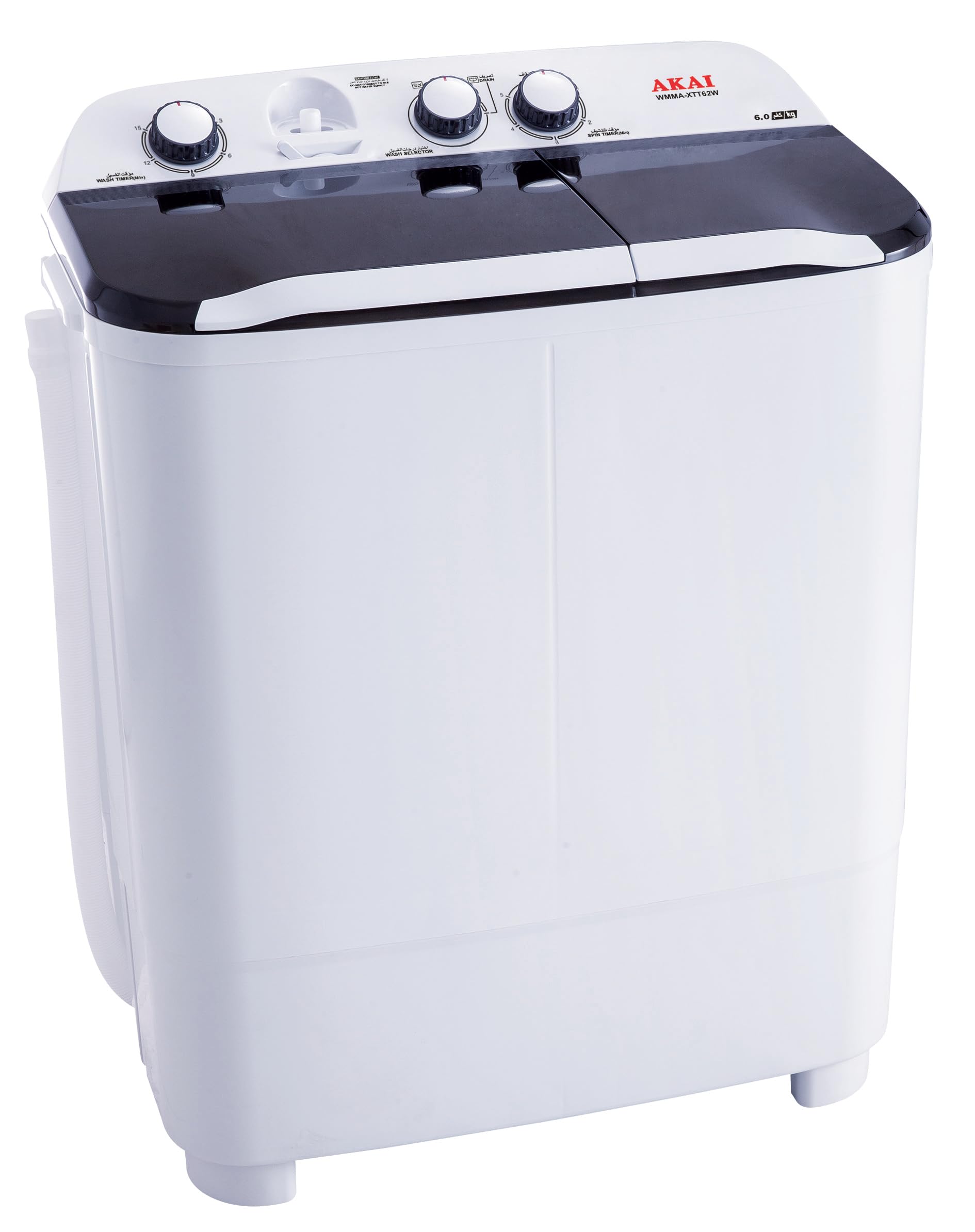 Akai 6kg Twin-Tub Semi-Automatic Washing Machine,Powerful Pulsator, Energy Efficient, Easy Wash Timer, Spin Timer, 74WX42DX87H in Cms White - WMMA-XTT62W
