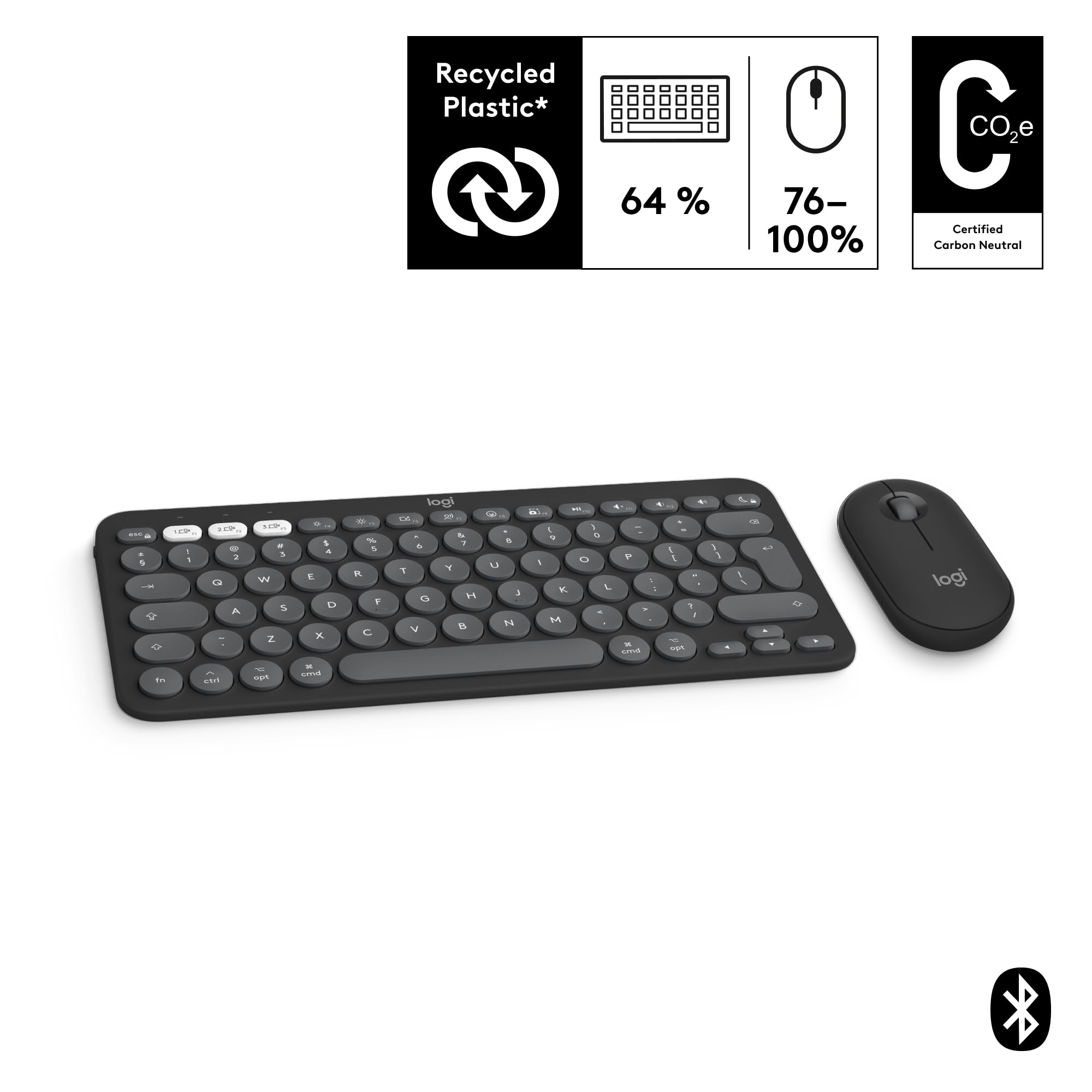 Logitech Pebble 2 Combo for Mac, bezprzewodowa klawiatura/mysz, smukła, cicha i przenośna, personalizowana, mysz/klawiatura Bluetooth, Easy-Switch,dla macOS,iPadOS,QWERTY układ US international,Grafit