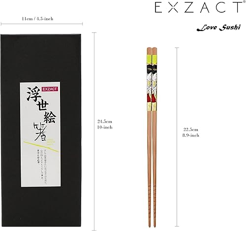 Miniatura 3 de Juego de palillos Exzact 5 pares, palillos reutilizables de bambú natural en una hermosa caja negra hecha a mano, decorado al estilo japonés